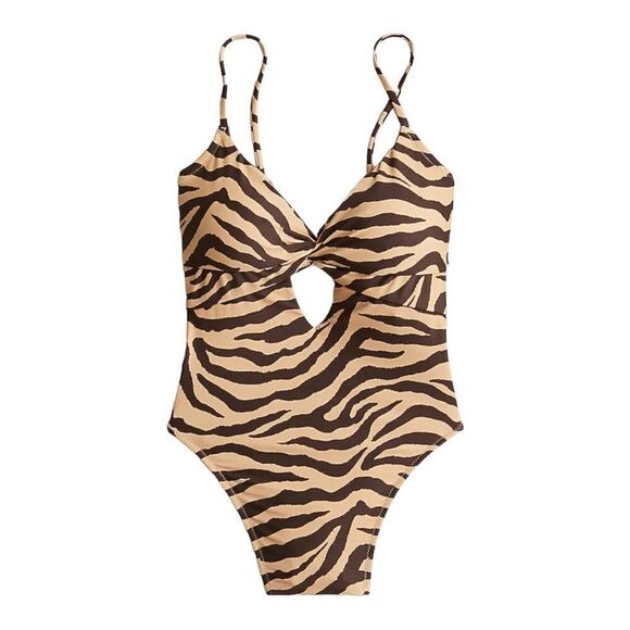 J‎ Crew Front-twist one-piece in zebra stripe Size 24 Tan Black - Picture 1 of 8